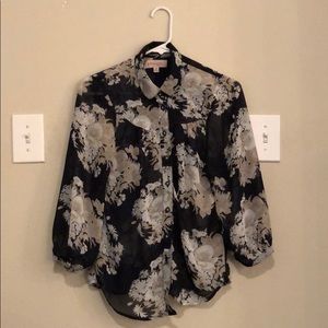 Button down blouse. Blue with white & grey flowers